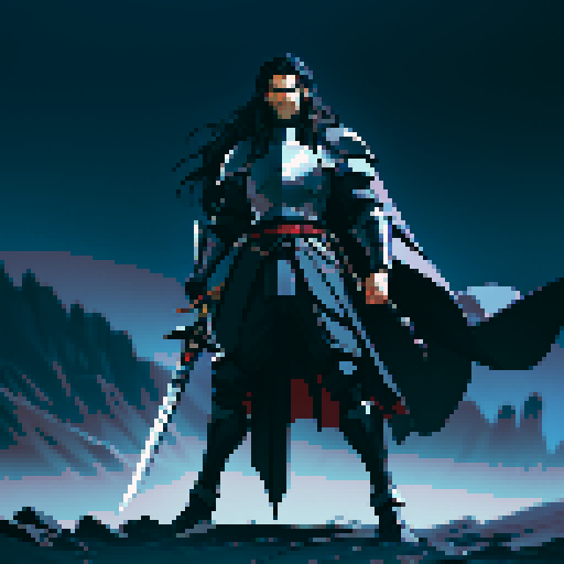 full-body image, male knight, man in black armor, giant sword, long black hair, sexy, male dark knight, giant sword, huge long sword, long hair