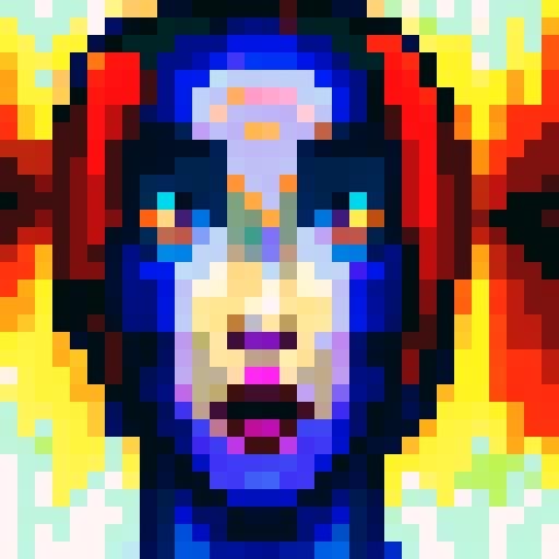 Psychosis, distorted facial features, vibrant colors, pixelated details, sRGB palette, close-up shot, skill art, intense gaze, game icon, 32x32 pixel art, close-up portrait