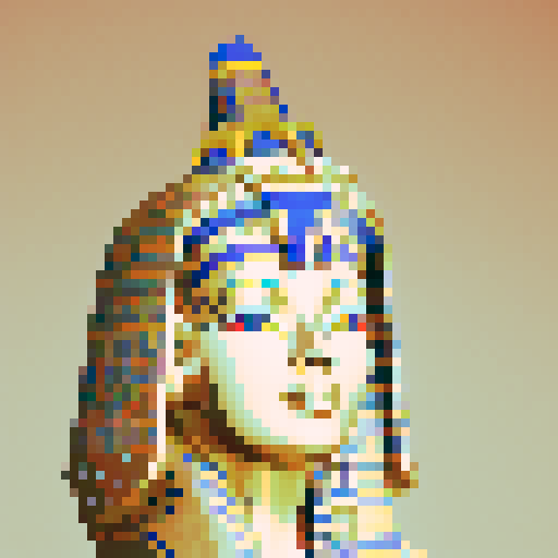 Mysterious Egyptian god Plutus, vibrant colors, intricate hieroglyphics, pixelated pyramids, golden staff, glowing eyes, majestic headdress, ancient temples, sand dunes, celestial aura