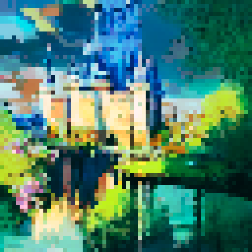 Majestic Disney castle nestled in lush greenery, framed by towering trees, with a shimmering moat and a bright blue sky in the background, rendered in a stunning landscape portrait style.