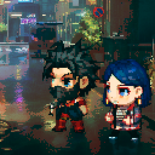 blue haired girl smoking cigarette, and man on the left holding gun, night time rainy streets, grim