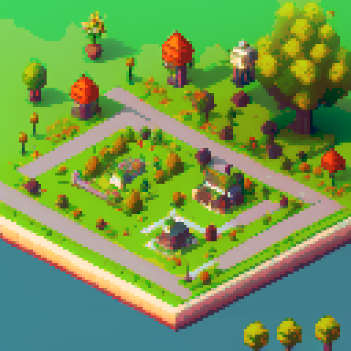 JRPG style town with buildings, road, grass and paved walking paths