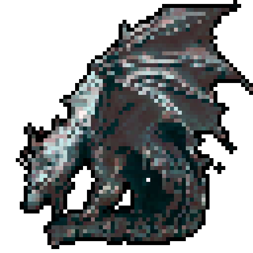 Grey stone dragon sitting in the ground in the middle of a dry wasteland, wings stretched upward with a long tail