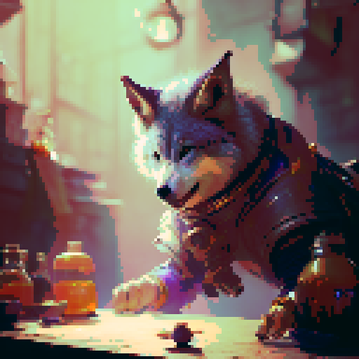 Anthro female wolf, perched on a wooden stool, stirring a bubbling cauldron in a rustic kitchen adorned with potion jars and magical ingredients