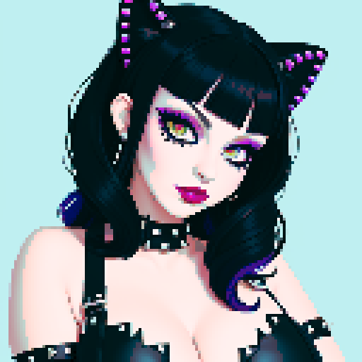 Goth woman, curvy, cute goth cat girl face, black hair, purple eyeshadow, red lipstick, studded leather, woman face portrait, glamour shot, vibrant sRGB colors, pixel art