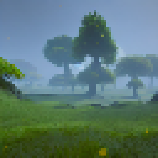 Green leaves with yellow edges sprout from fantastical trees in an RPG-inspired world.