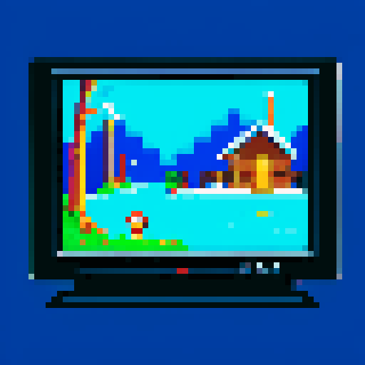 Retro game console plugged into old tv. TV shows image of a cabin on screen. 