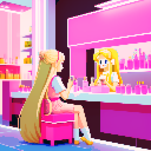 A nail tech with long blonde hair wearing a pink apron and a girl with brown hair sitting and facing each other in a nail salon. Nail polish bottles and UV lamps