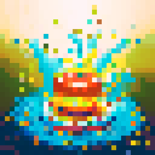 Colorful bubbling cauldron, overflowing with vibrant liquid, surrounded by an assortment of glass jars filled with sparkling ingredients, all depicted in intricate pixel art