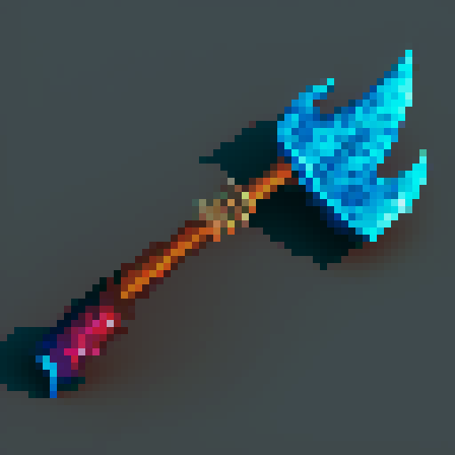 fantasy axe, sharp blade, metallic sheen, vibrant colors,  textured grip