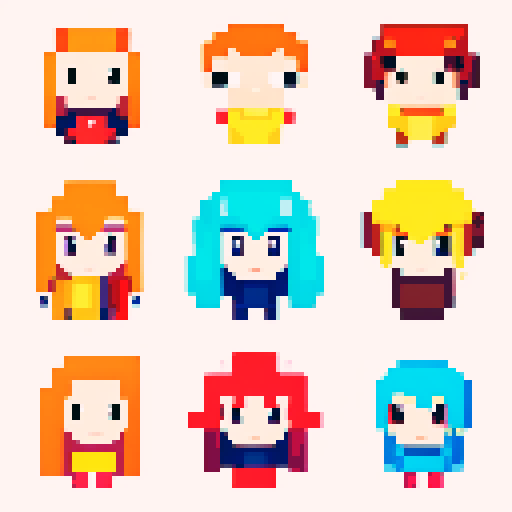 neutral, happy, angry, surprised, and sad talking heads with clean, defined pixel outlines in a Pokémon-inspired style, showcasing their outfits and hairstyles, complemented by a vibrant and balanced color palette