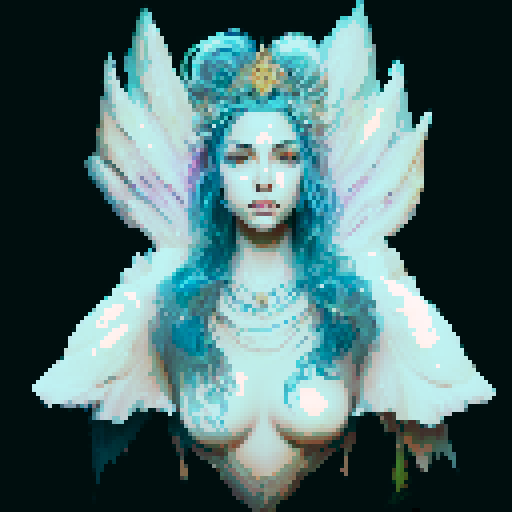 Create a close-up image of a mermaid with a crown, partially submerged underwater. Half of her face is above the water's surface, revealing her beautiful features. The underwater portion of her face should show her aquatic beauty, with the serene, mysterious ambiance of the ocean surrounding her. The crown should have an ethereal, shimmering quality, adding to her majestic presence.