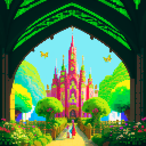 city, high tech castles, cathedrals with glowing stained glass windows, futuristic bridges spanning lush greenery, pixelated trees and flowers, small digital animals roaming, all in vibrant sRGB colors