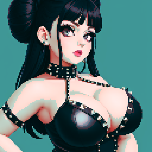 curvy, busty cute goth babe with studded collar, big titty goth wearing studded leather halter top. Large breasts. hair in buns. close up portrait, pixel art, sRGB