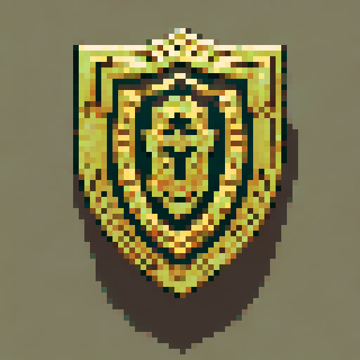 fantasy pixel art shield, two engrailed top, elaborate metallic gold edge, solid wooden field, solid black background, sRGB style