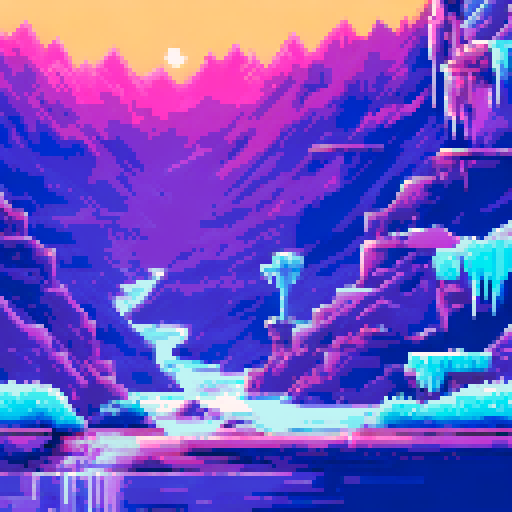 Frozen mountains looming behind a crystal-clear river, icy pine trees swaying in the wind, a small hero standing at the edge of the water, ready to jump into the unknown