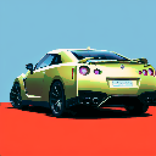 Photorealistic whole Nissan GT-R, three-quarter view, right front wheel, clean background, sRGB colors, pixel art style
