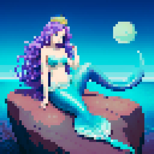 Illustration of a mermaid with a mystical look. The mermaid should have long, wavy hair adorned with pearls and seaweed. Her eyes should be large and glowing, exuding a sense of mystery. She wears a crown made of shells and starfish. Her tail should be detailed with iridescent scales that shift colors in shades of blue, green, and purple. The mermaid is posed on a rock, with her tail elegantly curled beside her. The background is completely white, with no additional details, to highlight the mer