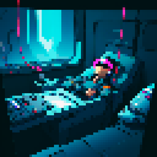 sci fi room where 25 years old guy laying down in the chamber to enter in the virtual world. This guy has headset on his head, no headphones, no vr glasses. Far view. 64 bit pixel art style