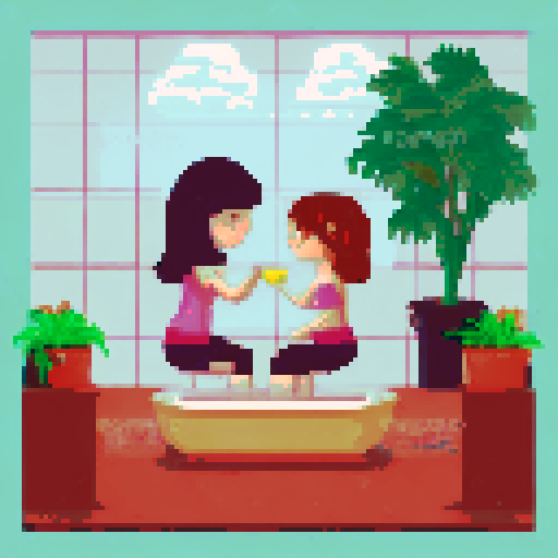 2 girls with short brown hair sitting in a bathroom, one of them in the bath, the other one on the floor. The bathroom is pretty and has a lot of plants, and sunny. Both girls look pretty and cute