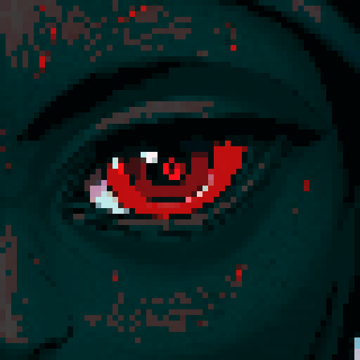 crimson Uchiha eyes radiating an intense red glow, mysterious black aura, pixel art, sRGB, enchanting RPG, fantastical visuals, pixelated landscape