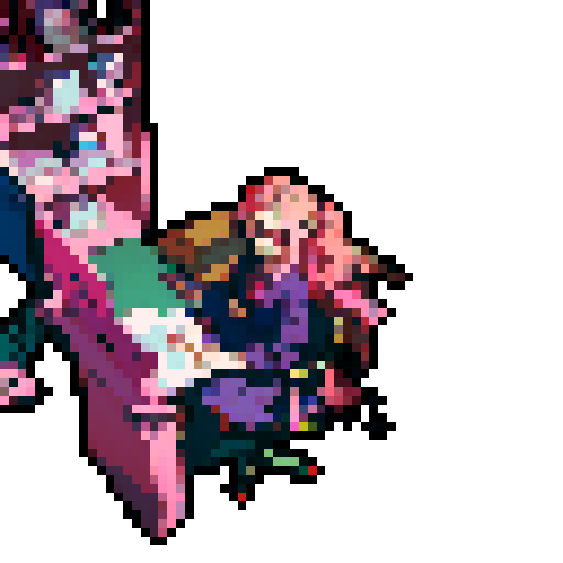 Anime girl with vibrant pink hair, wearing a school uniform, sitting at a cluttered desk in a dimly lit secret lair, surrounded by stacks of books and papers, diligently typing on a retro computer, with pixelated graphics reflecting off her glasses