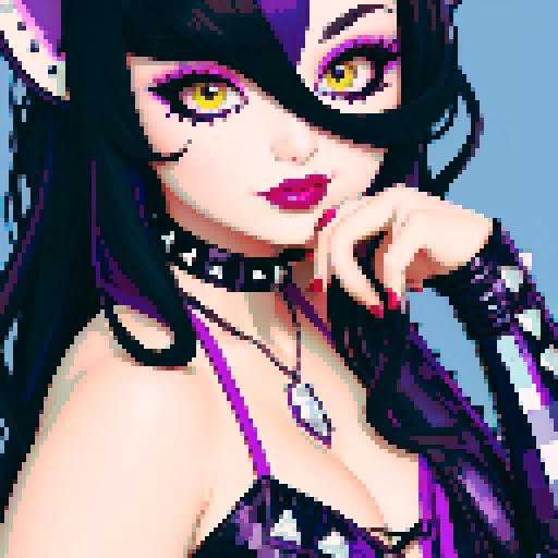 curvy, cute goth cat girl face, black hair, purple eyeshadow, red lipstick, studded leather, face portrait, glamour shot, vibrant sRGB colors, pixel art