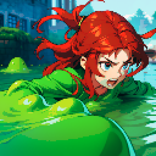 hero sinking into slime, hero drowning in slime, hero has red hair