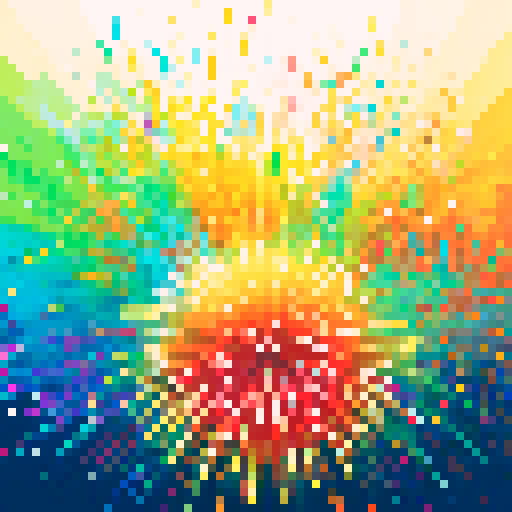 Colorful explosions, sparkling particles, vibrant bursts, pixellated brilliance, shimmering confetti, digital fireworks, retro charm, intricate details, vibrant color palette, pixelated magic