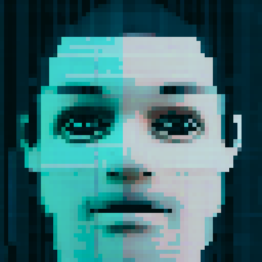 A glitchy, retro pixel art CCTV camera captures a suspicious figure's face as it's scanned by a malfunctioning facial recognition system