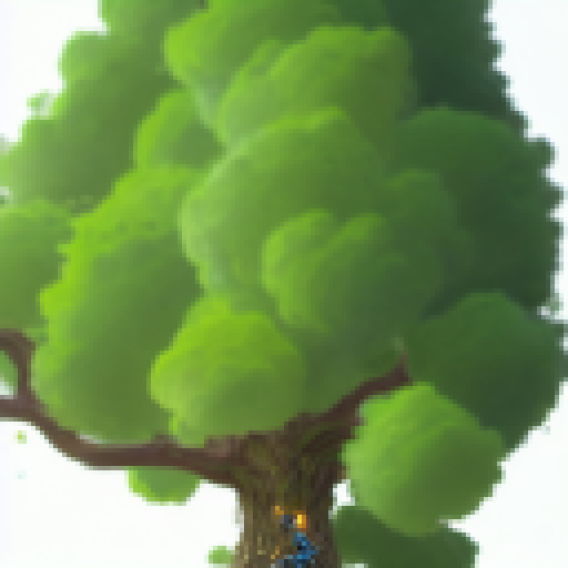 Topdown, bird's perspective, Ancient, sprawling oak tree with tendrils snaking down towards the forest floor, surrounded by glowing faerie orbs and guarded by a trio of armored knights on horseback in a fantastical RPG style.