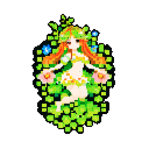 A beautiful nymph covered in vibrant petals and leaves. It has long, flowing hair made of vines, bright eyes, and an enchanting smile. It exudes an aura of beauty and charm. No background.
