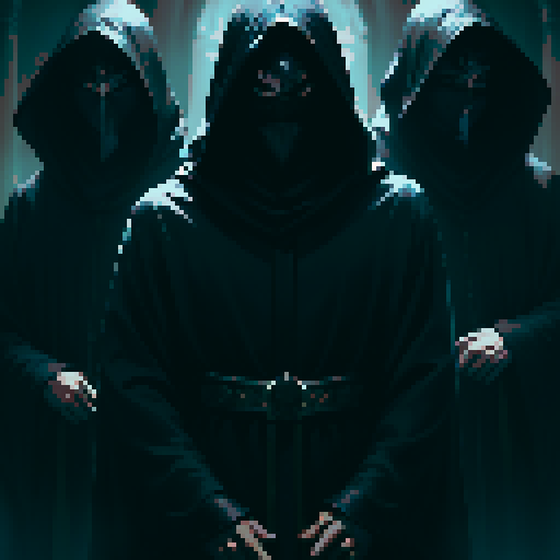 three men, king and his retinue, crown, light at the kind, dark place, king with sword, cant see eyes, 