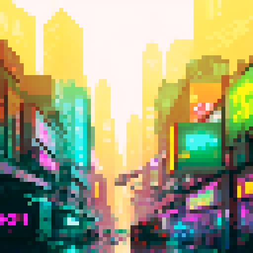 Cyberpunk neon-lit streets, towering skyscrapers, flying hovercars, bustling market stalls, holographic billboards, steam rising from metal grates, vibrant graffiti, glitchy neon signs, rain-soaked cityscape, futuristic androids, glowing cybernetic implants, smoke-filled alleys, flickering streetlights, pixelated shadows, electrified wire fences, abandoned robot junkyards, mirrored glass facades, sRGB color palette