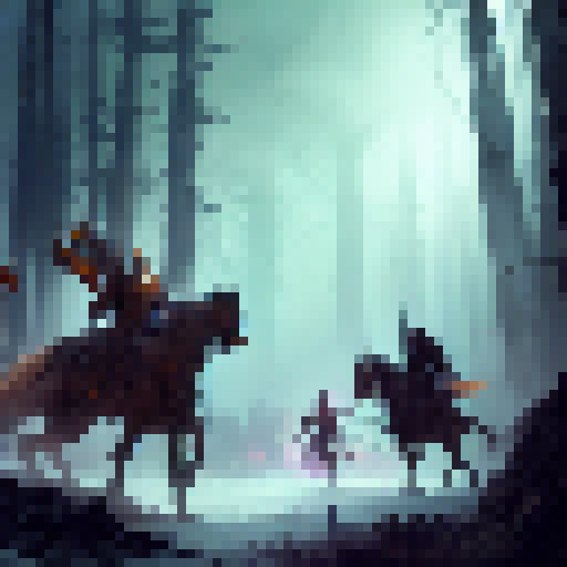 Orc warriors, wielding jagged axes and sporting fearsome bone armor, clash with human knights on horseback, surrounded by a misty forest and an ethereal glow, in a high-fantasy RPG world.