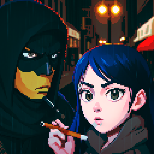 Girl on the right smoking a cigarette, guy on the left holding a gun with a black mask covering his face, gritty, rainy, nighttime, downtown