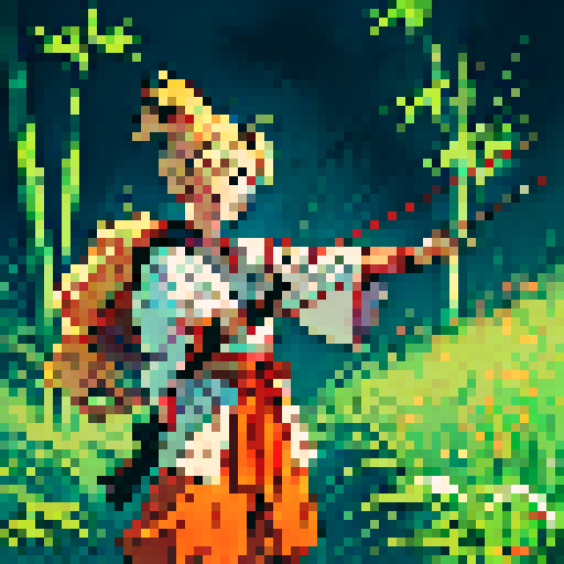 Samurai Benjie, a friendly blonde haired teenage red panda with a kind and extroverted personality. He wears traditional samurai armor adapted for a red panda—lightweight with bamboo elements and decorative accents. Benjie stands in a relaxed pose, holding his slingshot at his side. His expression is friendly and determined. The style is colorful, whimsical, and enchanting, inspired by Miyazaki films like My Neighbor Totoro or Princess Mononoke.