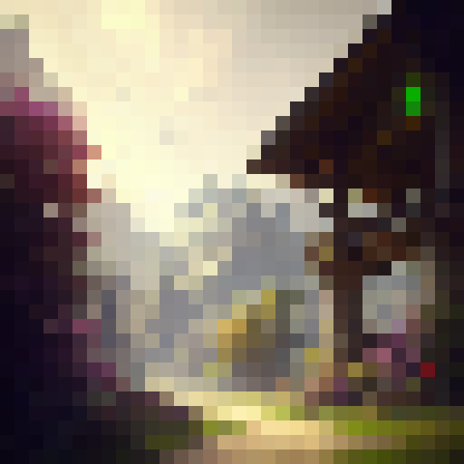 Rustic and whimsical 

        "A charming village nestled amidst lush greenery, with quaint cottages perched alongside a winding stream and towering trees providing shade and shelter."