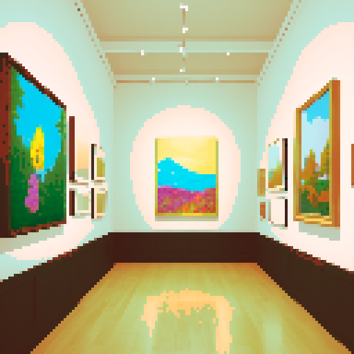a warm and cozy art gallery with several paintings in view. something akin to the MOMA