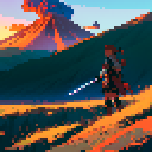 Anime warrior on an adventure with a volcano in the background. The warrior is holding a sword. 