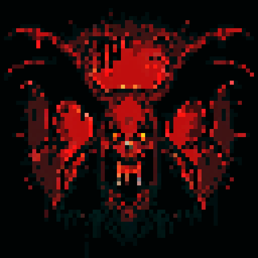 baphomet blood splatters, dark shadows, gruesome violence, pixelated gore, vibrant red hues, intense contrast, jagged edges, macabre artistry, detailed dismemberment, visceral horror, pixelated blood, chilling brutality, sRGB color palette, hauntingly beautiful, gruesome pixel art