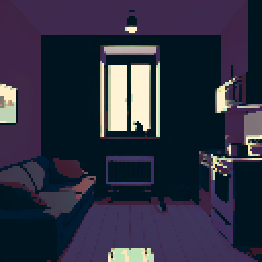 dark apartment interior at night, melancholy, depressed, lonely man's apartment, sadness, dimly lit, bare