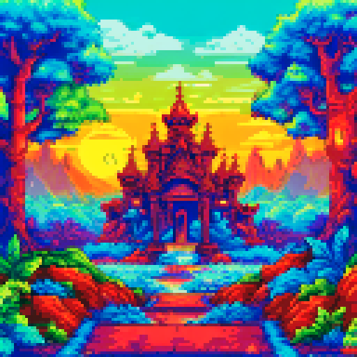 Sunset in the jungle, temple surrounded by trees, colorful bird perched on a branch, serene ambiance, vibrant pixelated landscape