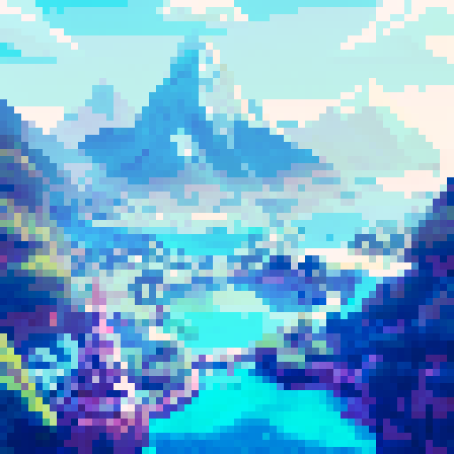 Towering skyscrapers, snow-capped mountains, a shimmering lake, and a palm tree oasis all come together in a pixel art landscape of Dubai in winter, set against a vibrant sRGB background