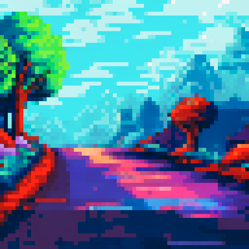 Blue-hooded runner sprinting through a vibrant, pixelated landscape with rolling hills and towering trees as the backdrop in a vivid sRGB color palette