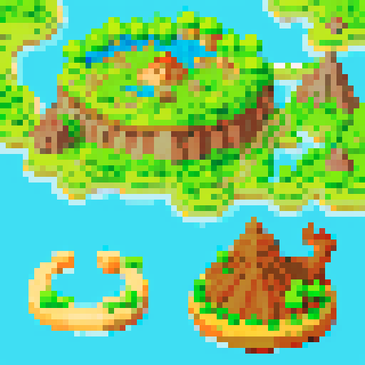 With a background of mountains with a volcano and lava, three villain faces, one a shark and one a rat, are targeting to conquer a village made of green trees and blue rivers. 