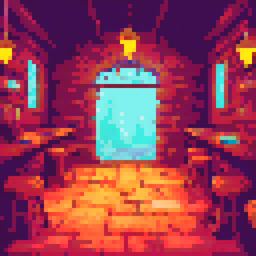 Interior of an old fantasy tavern, dimly lit, cozy fireplace, wooden beams, stone walls, rustic furniture, hanging lanterns, stained glass windows, tapestries, magical artifacts, worn-out carpet, hearth crackling, dusty shelves, barrel tables, candlelit ambiance, medieval paintings, ornate chandeliers, whimsical creatures, shadowy corners, ethereal atmosphere, vibrant colors, quaint bar counter