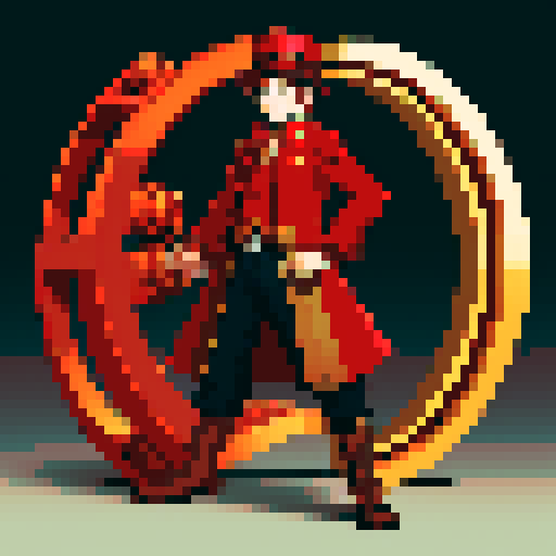 steampunk young man, red coat, red hat, 2D game stance, pixel art, sRGB
