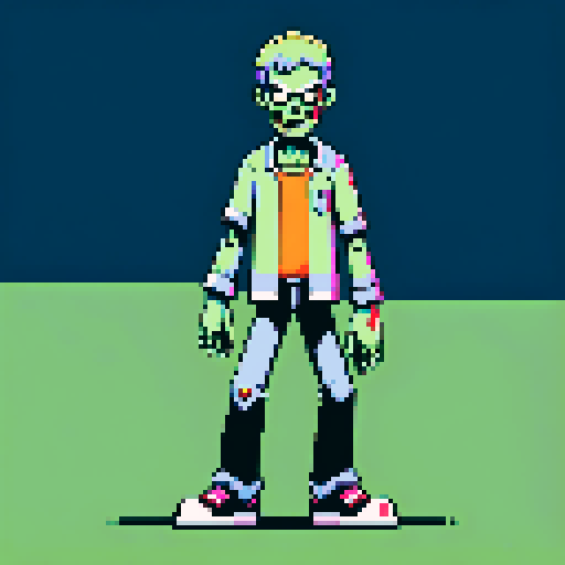 Zombie with limbs spread out, looking at camera, pixel art, sRGB