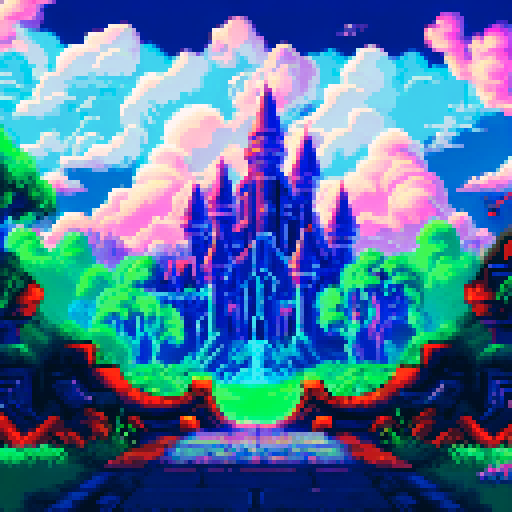 Haunted mansion, looming atop a hill, with a winding cobblestone pathway leading to its entrance, under a pitch black night sky filled with ominous thunderclouds and sporadic bursts of lightning, all depicted in vivid pixel art, showcasing the eerie sRGB color palette, creating a haunting background landscape